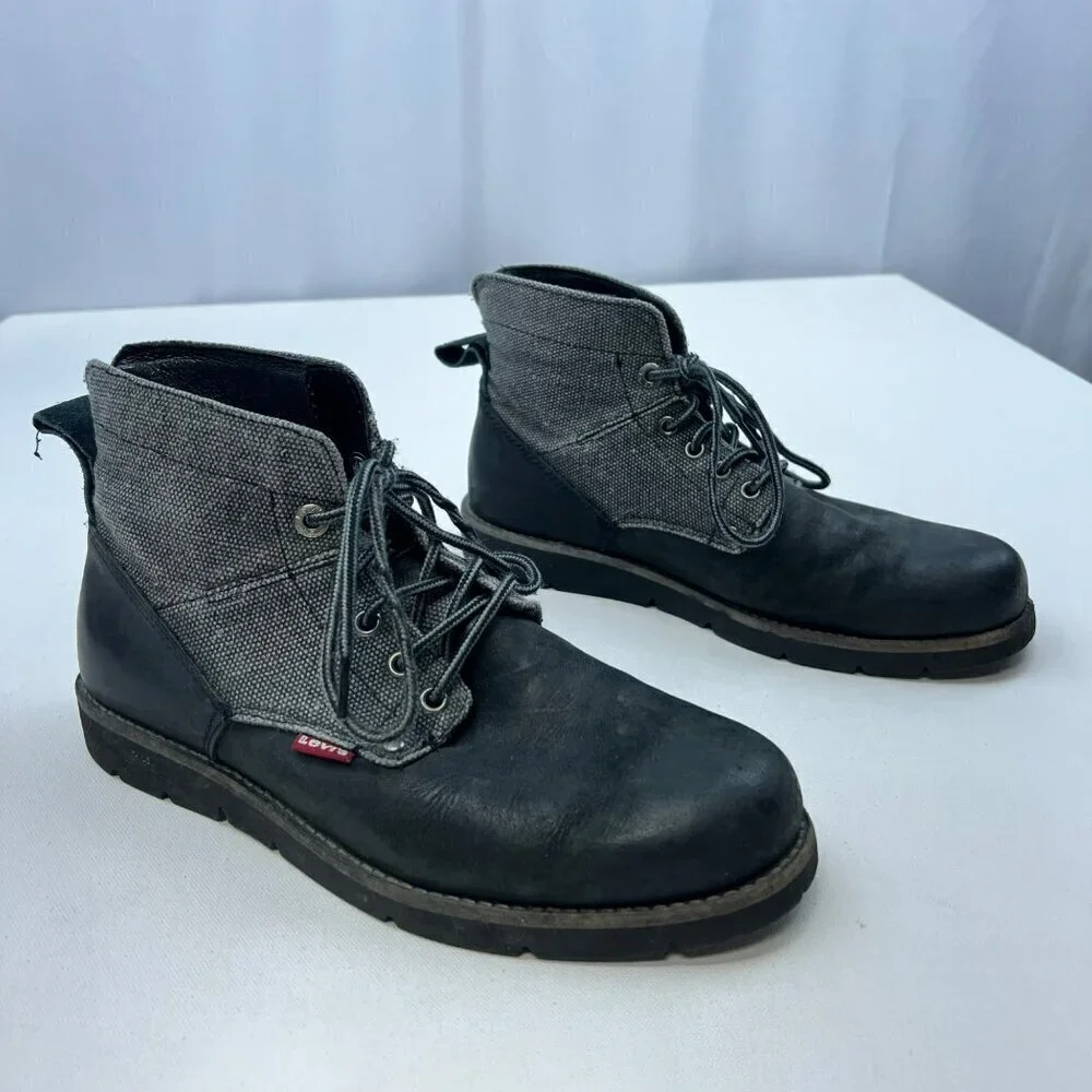 Levi’s Men’s Lace Up Boots Black Leather Gray Textile Size 8.5